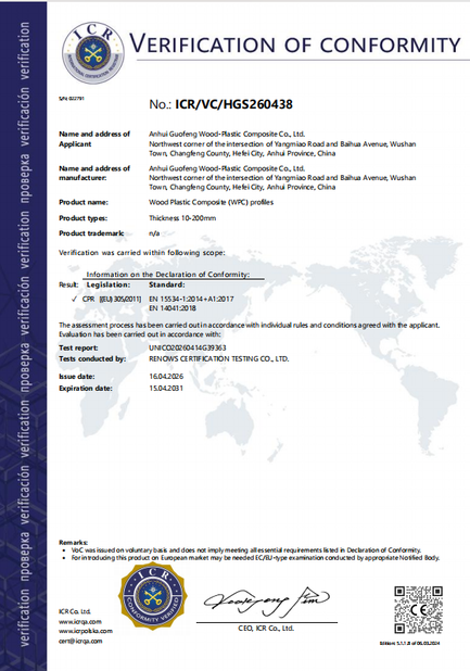 China AnHui Guofeng Wood-Plastic Composite Co., Ltd certificaciones