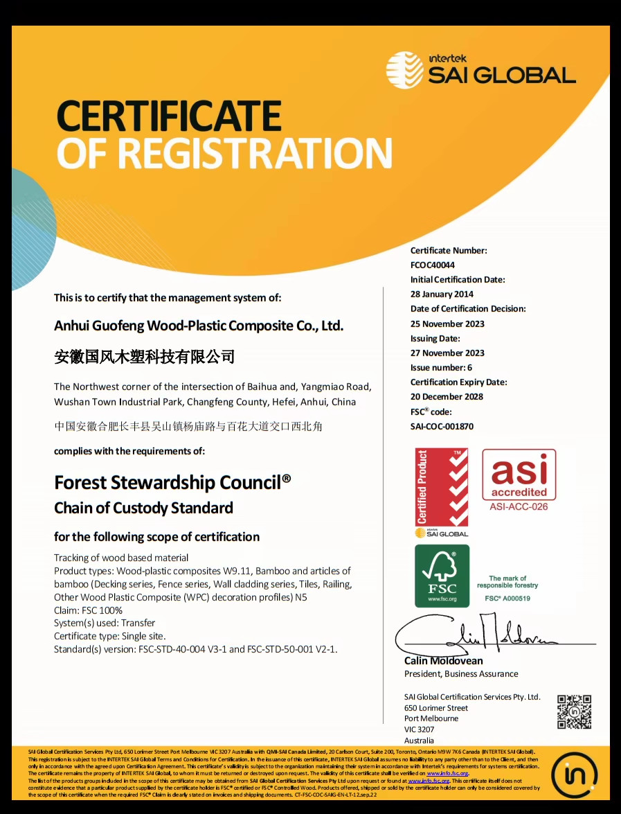 China AnHui Guofeng Wood-Plastic Composite Co., Ltd Certificaciones